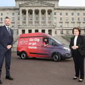Seamus McCorry (Virgin Media Regional Director for Northern Ireland),  Paul Murphy (Virgin Media Engineer) and Economy Minister Diane Dodds outside Parliament Buildings, Belfast, to mark the launch of Virgin Media’s Gig1 broadband being made available to homes across Northern Ireland.  Credit: VirginMedia/Declan McKenna