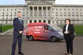 Seamus McCorry (Virgin Media Regional Director for Northern Ireland),  Paul Murphy (Virgin Media Engineer) and Economy Minister Diane Dodds outside Parliament Buildings, Belfast, to mark the launch of Virgin Media’s Gig1 broadband being made available to homes across Northern Ireland.  Credit: VirginMedia/Declan McKenna