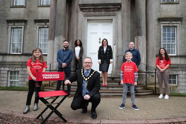 Actress Savanna Burney Keatings, writer Ryan Rafferty, Evia Aigbokhae, ABC Council, PEACE IV Good Relations Officer, Cllr Kevin Savage, Lord Mayor of Armagh City, Banbridge and Craigavon Borough Council, Joan Burney Keatings, Cinemagic CEO and producer of Rian, Vincent McCann, Programme Manager, The Market Place Theatre and Arts Centre actor Jude Hill and young filmmaker Olivia Beatty. 
Photo by Kelvin Boyes / Press Eye