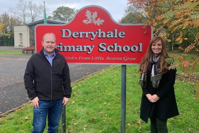 The new principal of Derryhale PS, Mrs Kelly Gardiner with Chairman of Board of Governors, Gareth Wilson.