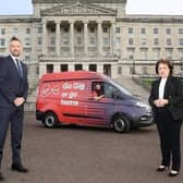Seamus McCorry (Virgin Media Regional Director for Northern Ireland),  Paul Murphy (Virgin Media Engineer) and Economy Minister Diane Dodds outside Parliament Buildings, Belfast, to mark the launch of Virgin Media’s Gig1 broadband being made available to homes across Northern Ireland.  Credit: VirginMedia/Declan McKenna