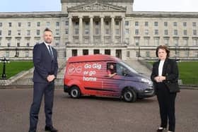 Seamus McCorry (Virgin Media Regional Director for Northern Ireland),  Paul Murphy (Virgin Media Engineer) and Economy Minister Diane Dodds outside Parliament Buildings, Belfast, to mark the launch of Virgin Media’s Gig1 broadband being made available to homes across Northern Ireland.  Credit: VirginMedia/Declan McKenna
