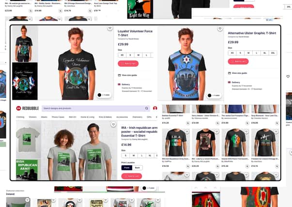 Just a tiny selection of the items for sale from Redbubble glorifying (clockwise from top) the LVF, the UFF/UDA, and the IRA; the models pictured here were completely unaware of this content – the designs were superimposed on their bodies only after they had been photographed