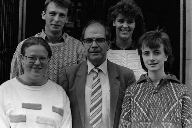 In October 1987 four Northern Ireland students were beginning five year courses at veterinary colleges in Great Britain. Three of the students – Joanne Martin, Banbridge, Michael Griffith, Saintfield and Louise Suffern, Crumlin – were going to London and the fourth, Angela Carville from Belfast was off to Glasgow. Pictured are Mr George McBratney, principal of Belfast College of Technology, with, from left Louise Martin, Michael Griffith, Louise Suffern and Angela Carville