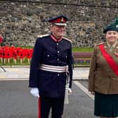Cadet Sergeant Major Emma Ellison from Larne Detachment with HM Lord Lieutenant for County Antrim Mr David McCorkell at the Cenotaph, Market Square. Antrim.