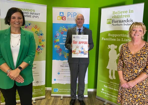 Chamber President, Garry MacDonald and Chamber Ambassador, Denise Watson launch the annual Toy Appeal with Roberta Marshall from Barnardos NI