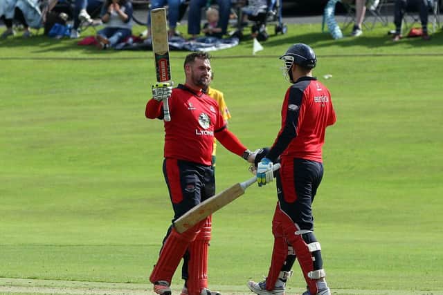 James Hall celebrates his century for Waringstown  in the 2017 Lagan Valley Steels Cup final win over North Down. Pic: Press Eye
