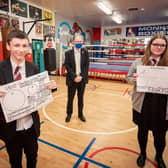 Education Minister Peter Weir with students Curtis Nesbitt and JadeThornton from Abbey Community College.