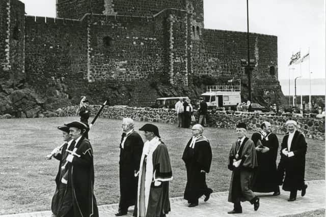Council dignitaries process in front of Carrickfergus Castle in the 1980s. Picture: News Letter archives