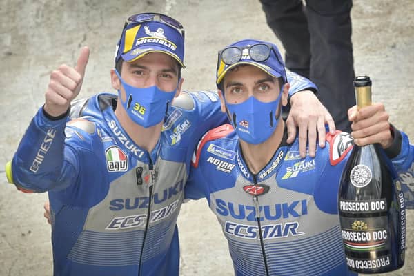 Joan Mir and Alex Rins celebrate a Suzuki 1-2 at Valencia.