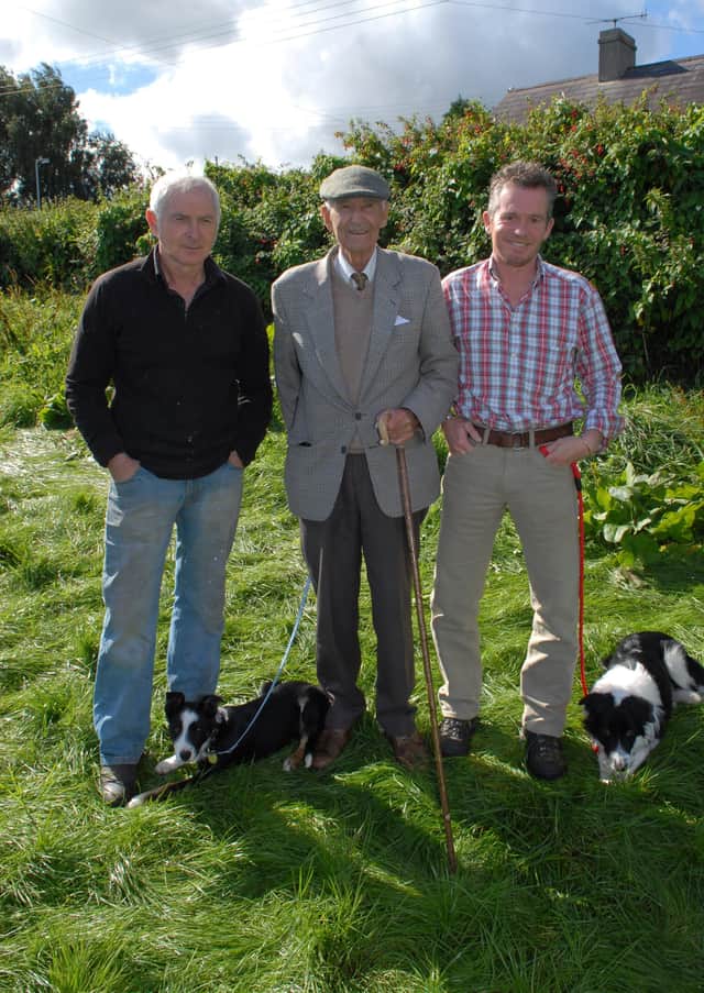 Robert Crawford, James Brady with Danny and Mike Field with Dice at the Cairncastle Sheepdog Trials in September 2010. Picture: Larne Times archive