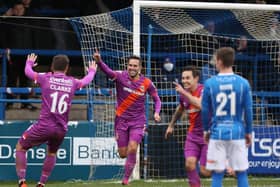 Andy Waterworth celebrates breaking the deadlock in Linfield’s weekend win over Coleraine. Pic by Pacemaker.