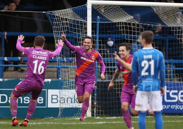 Andy Waterworth celebrates breaking the deadlock in Linfield’s weekend win over Coleraine. Pic by Pacemaker.