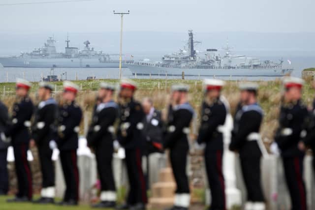 Pictured in May 2016 HMS Kent (right) and the German battleship SMS Schleswig-Holstein are moored in Scapa Flow as sailors and descendants of those who fought at the Battle of Jutland attend a service at Lyness Cemetery on the island of Hoy, Orkney, to mark the centenary of the battle. Picture: Andrew Milligan/PA Wire