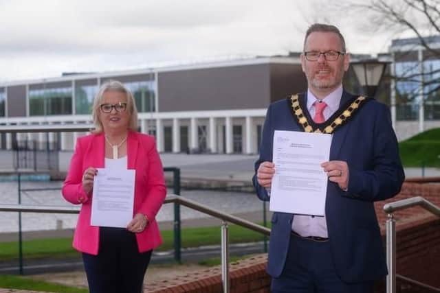 Lord Mayor Councillor Kevin Savage is joined by the Chairman of Armagh, Banbridge and Craigavon Sports Forum, Edith Jamison, to officially launch the sports bursary scheme for 2020/21.