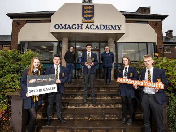 Representing Omagh Academy in the 2020-2021 ABP Angus Youth Challenge Final are Jill Liggett, Joshua Keys, Alister Crawford,  Tori Robson and James Fleming. They are pictured with William Delany, Northern Irish Angus Producer Group and Liam McCarthy of ABP