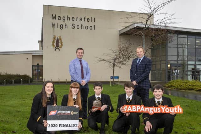 Pictured from Magherafelt High School is teacher Mr Richard Palmer and acting principal, Stephen Fleming with their ABP Angus Youth Challenge Finalist team, Grace Wilson, Ruth Sheppard, Mark Jones, Brian Hutchinson and Justin Clarke