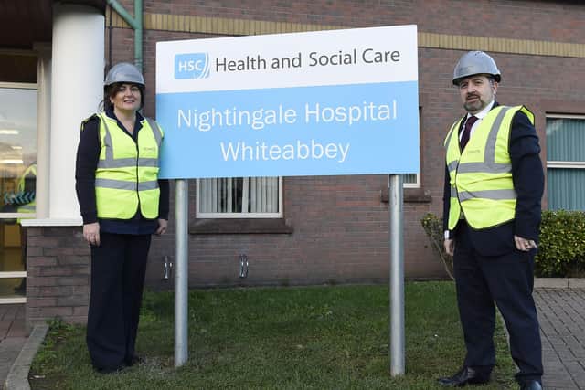 Health Minister Robin Swann with Chief Nursing Officer, Charlotte McArdle at a visit to the new Nightingale Hospital in Whiteabbey on Wednesday. A Covid-19 outbreak has been detected at the hospital Picture: Michael Cooper