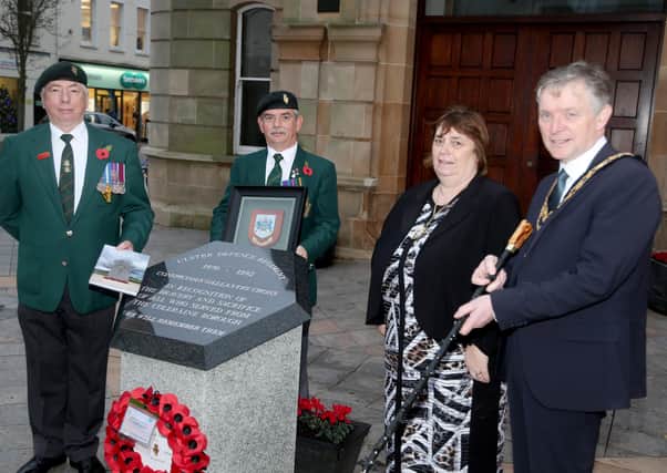 The Mayor of Causeway Coast and Glens Borough Council Alderman Mark Fielding and his wife Phyllis pictured at a presentation held in the Diamond, Coleraine to mark the 50th anniversary of the formation of the UDR Regiment along with Ian Davidson and Alan Campbell