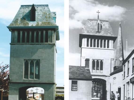 St Nicholas's Church war memorial bell tower in recent years and (right) in the 1960s.