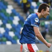 Linfield's Stephen Fallon celebrates his goal against Glenavon. Pic by Pacemaker.