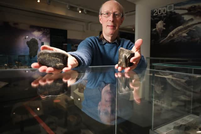 Dr Mike Simms, of National Museums NI, with the Sarcosaurus tibia and the Scelidosaurus femur.