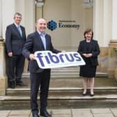 Pictured left to right are DAERA Minister Edwin Poots, Fibrus Chair Conal Henry, Economy Minister Diane Dodds and Dominic Kearns, Fibrus CEO.