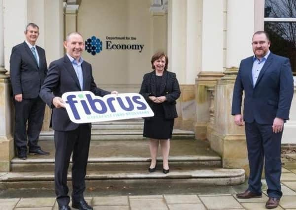 Pictured left to right are DAERA Minister Edwin Poots, Fibrus Chair Conal Henry, Economy Minister Diane Dodds and Dominic Kearns, Fibrus CEO.