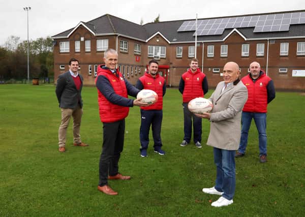 Ricky Lutton, Grants Officer; Aran Blackbourne, Chairman; Gary Clotworthy, 1st XV player; Josh Young, 1st XV player, Ballyclare Rugby Football Club; James Hagan, Founder and Chairman, Hagan Homes; and Bob Beckwith, Commercial Convenor, Ballyclare Rugby Football Club. Photo by Darren Kidd  / Press Eye