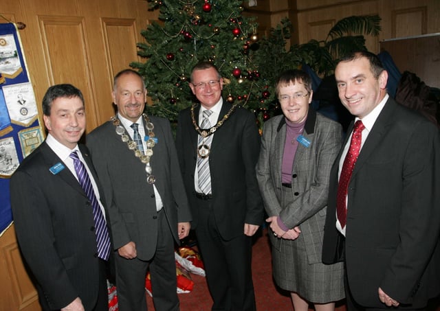 At the Rotary Club Christmas dinner at the Seagoe Hotel in 2007 are Brian Friar (Secretary), Herbie Smyton (President), Mayor of Craigavon Cllr Robert Smith, Catherine Dixon (Vice President) and John Prestley (Principal of Moyallon PS)