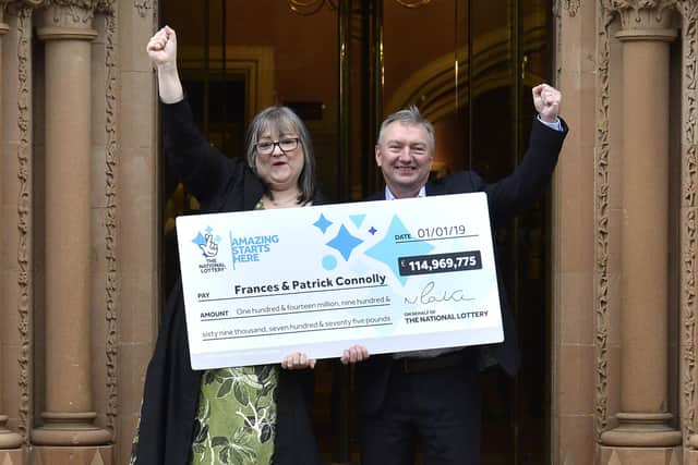 Frances and Patrick Connolly from Moira in Northern Ireland celebrate becoming the fourth biggest National Lottery winners ever after scooping an incredible £114,969,775.70 EuroMillions jackpot on New Year’s Day 2019. 

Photo by Stephen Hamilton/Presseye