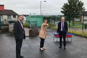 Education Minister Peter Weir with the Principal of Ballyclare Nursery School, Emma Corry and South Antrim MP Paul Girvan.