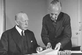 The Prime Minister of Northern Ireland Lord Craigavon speaking with Mr Robert Gransden the Secretary to the Cabinet in 1940