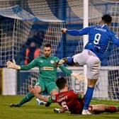 Danny Purkis fires home Glenavon’s equaliser against Cliftonville. Pic by INPHO.