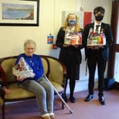 Members of Cullybackey Colllege Student Council delivering hampers for  residents at Tobar Fold in the village