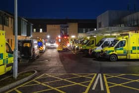 Ambulances at the entrance to the emergency department with a number of the vehicle with patients awaiting to be admitted, at Antrim Area Hospital, Co Antrim in Northern Ireland, as the emergency department and hospital is currently at full capacity. PA Photo. Picture date: Tuesday December 15, 2020. Photo credit should read: Liam McBurney/PA Wire