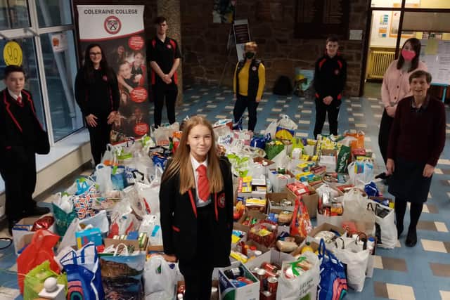 A selection of the foodstuffs raised by the Coleraine College community for donation to the Causeway Foodbank at Vineyard Compassion