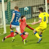 Shayne Lavery finds the net for Linfield against Dungannon Swifts. Pic by Pacemaker.