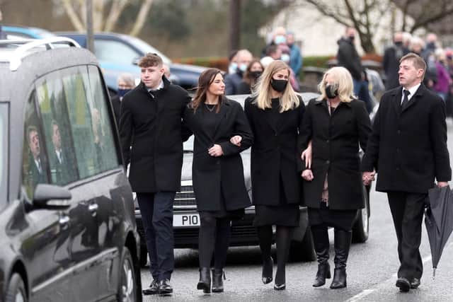 The funeral cortege of 28 year old Kirsty Samantha Moffet, who was killed in a road traffic accident in New Zealand, arrives at Waringstown Presbyterian church in Co. Down, followed by parents, Sam and Hazel, brother Nathan and sisters, Lauren and Natasha. Photo: Stephen Davison/Pacemaker