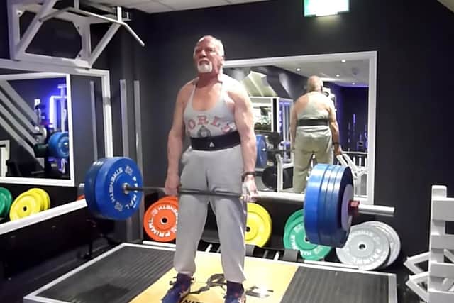 Eighty-three year old Ernest Tuff from Ballymena lifting 190kg in the deadlift at Definition Gym in Ballymena.
