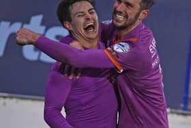 Jordan Stewart (left) celebrates with Andy Waterworth after scoring for Linfield over Glenavon. Pic by Pacemaker.