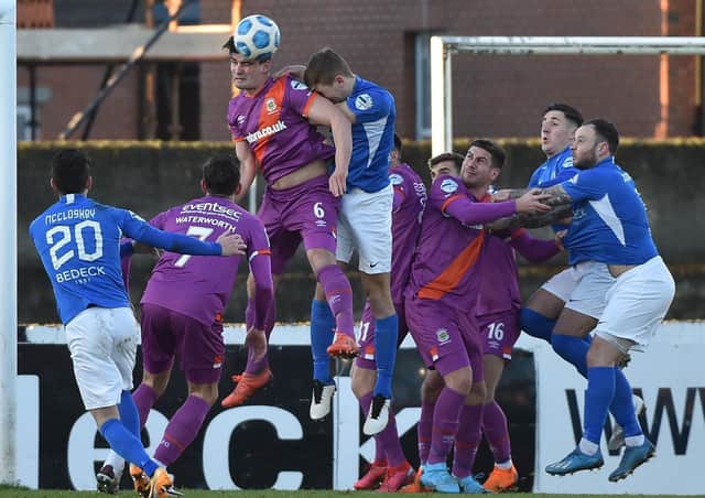 Action from Linfield's win over Glenavon at Mourneview Park. Pic by Pacemaker.