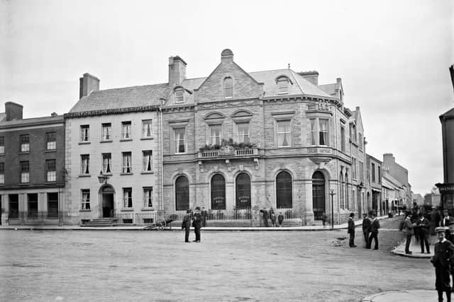 The Belfast Bank in Coleraine by photographer Robert French from the Lawrence Photograph Collection held by the National Library of Ireland. Reference: L_ROY_04969