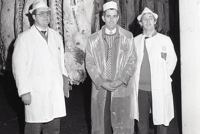 Brian Hart, second right, from Coleraine who exhibited the champion Limousin at  ninth annual carcase show and sale at Lagan Meats, Belfast, in December 1988.  It was also the champion steer carcase. Included, from left: Thomas Lilburn, sponsor. Roger Cave, judge, and R Notley, Northern Bank. Picture: Randall Mulligan/Farming Life archives