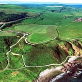 A view of both Gobbins paths from the Islandmagee coast (c/o Google Maps)