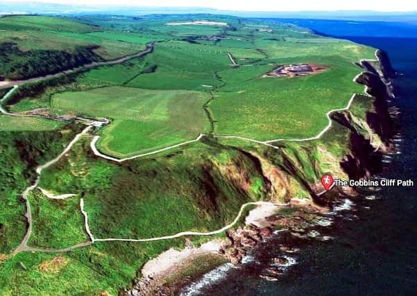 A view of both Gobbins paths from the Islandmagee coast (c/o Google Maps)