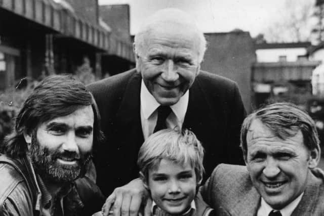 George Best was back in Belfast at the end of March 1988 with his son Calum to attend a gala evening in a Belfast hotel in aid of the Northern Ireland Chest, Heart and Stroke Association. Also present were his former manager Sir Matt Busby, now president of Manchester United, and team-mate Paddy Crerand. Picture: News Letter archives
