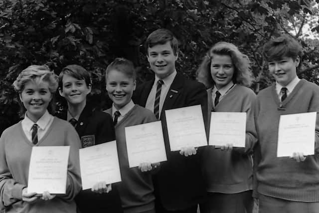 Schooled for success: Pupils of Newtownbreda High School, Belfast, who received their Duke of Edinburgh bronze award and certificates at a presentation at the school in October 1987. They included, from left, Sharon Clarke, Gavin Gregg, Rhonda Ringland, Nigel Bruce, Janine McCaughey and Heather Davidson. Picture: News Letter archives