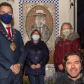 The Mayor of Mid and East Antrim, Councillor Peter Johnston, with Lynda Hill and Andy King, volunteers from LRG and artist Janet Crymble.
