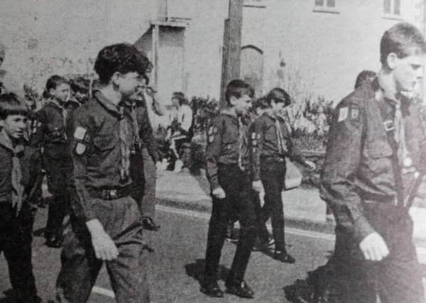 The First Greenisland Group taking part in the Scouts' Parade in Carrickfergus. 1991